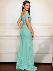 Vestido de Noche Largo de Hombros Descubiertos con Escote en V o Pico Profundo y Abertura Lateral Alta Elegante para Mujer - Azul y blanco - Ver 3