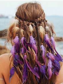 Tiara de Penas Boêmia, Cocar Hippie, Tiara de Fantasia Roxa, Acessórios de Cabelo com Penas para Mulheres, Halloween, Roupas de Praia, Acessórios de Verão - Multicolorido - Visão 2