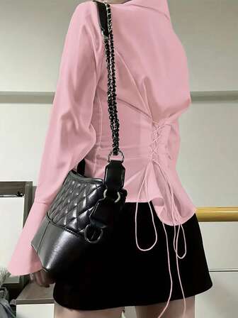 Elegant Women's Solid Color Shirt With Unique Back Tie And Front Button Details - Long Sleeve, Suitable For All Seasons