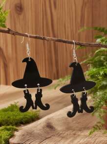 万圣节邪恶女巫帽靴子设计黑色吊坠耳环复古哥特式亚克力饰品鬼节耳环 - 黑色 - 查看 1