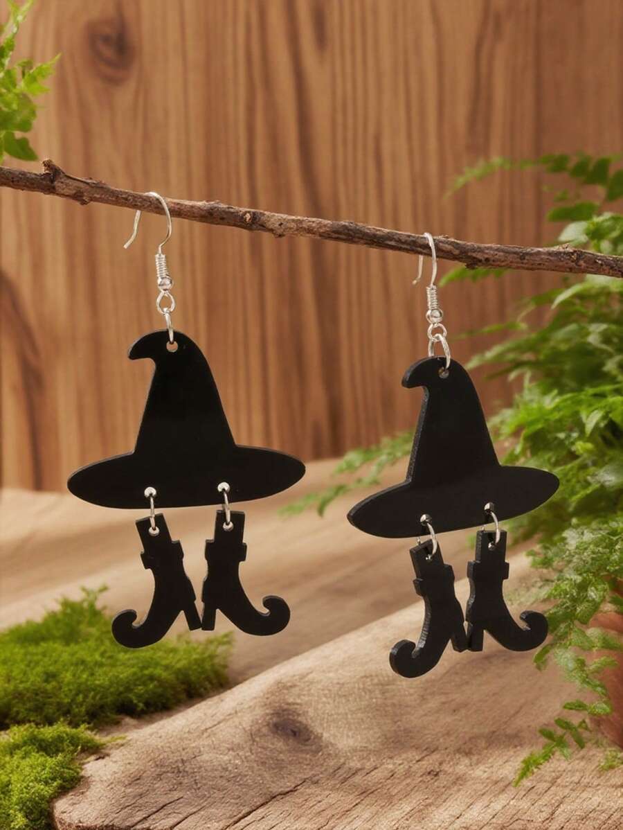 万圣节邪恶女巫帽靴子设计黑色吊坠耳环复古哥特式亚克力饰品鬼节耳环 - 黑色 - 查看 1