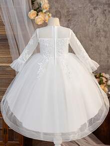 Long Sleeve Lace Patchwork Flower Girl Dress, Trailing Formal Gown For Wedding, Piano Recital - White - View 9
