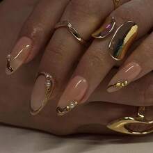 DAlmond Pr On Nails Medium  On Nails Gold French Fake Nails 3D Gold Lines And Pearl Acrylic Nails Nude Translucent Nails Pr Ons Simple And Reusable Stick On Nails For Women 24 Pcs7001 - vàng-2 - Xem 2