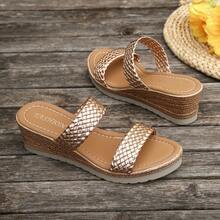 2026 Nuevas sandalias de cuña con decoración tejida de colores brillantes para mujer, estilo de vacaciones, sandalias de verano con tira, punta abierta, suela gruesa, adecuadas para citas, compras, ir al trabajo, playa - Oro rosa - Ver 9