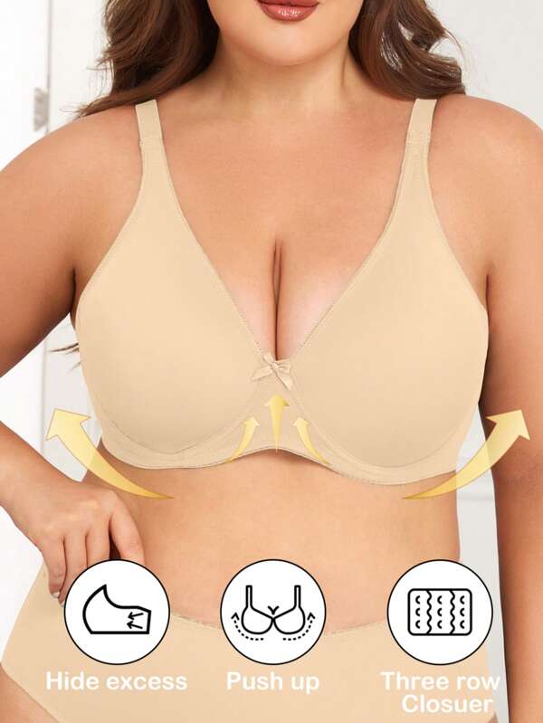 1pc Smooth Solid Color French Romantic Comfortable Full Coverage Wire Lingerie Bra With Adjustable Straps, Plus Size Underwear