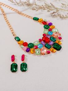 juran 1 Set Random Mixed Color Shiny Glass Choker Necklace & Earrings Jewelry Set, Women Wedding Statement Necklace & Earrings