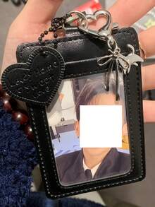 1 PC Kpop Style Photo Card Holder - Black Faux Leather Rectangular Frame With Heart Cutout & Metal Keychain, Cute Accessory For Kpop Fans To Display Photos, ID Badges, Memorabilia