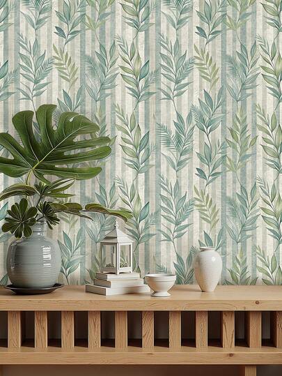 Roll Groen Leaf Gestreepte Peel Stick Wallpaper, Olive Moderne Farmho Self Adhesive Removable Waterproof PVC Material, Home (17.53*118inch)