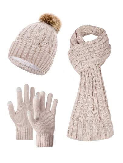 3pcs Minimalist Solid Color Asymmetrical Stripe Knitted Jacquard Beanie, Scarf And Gloves Set, Soft & Warm For Outdoor Casual Use In Autumn/Winter (Suitable For Daily Winter Use) Fluffy Valentines Gift