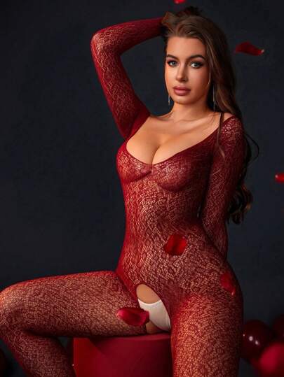 A Wine Red Jumpsuit, Stockings, Long Sleeved Jumpsuit, Leopard Print Sexy And Erotic Jumpsuit, Women's Sexy And Erotic Lingerie