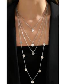 1pc Layered Geometric Pendant Necklace, Suitable For Daily Wear - Silver - View 1