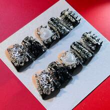 Y2K BEGAVET New 10pcs Duck Nails Handmade Salon Quality Press On Nails Black Punk Nails Exclusive Design 3D Nails With 3D Charms, Suitable For Valentine, New Year Parties/Music Festival And Daily Wear - màu đen - Xem 6