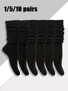 1/5/10 双女士黑色时尚泡泡绒袜，舒适透气，经典欧式风格，休闲袜，中筒袜，适合搭配时尚品牌、帆布鞋、运动鞋、袜子、秋季袜子 - 黑色 - 查看 1