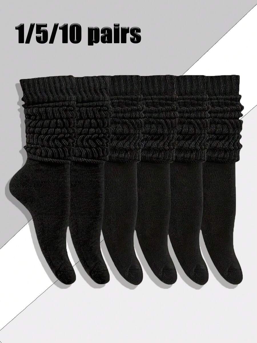 1/5/10 双女士黑色时尚泡泡绒袜，舒适透气，经典欧式风格，休闲袜，中筒袜，适合搭配时尚品牌、帆布鞋、运动鞋、袜子、秋季袜子 - 黑色 - 查看 1