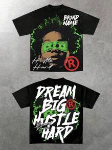 (220 Cotton T-Shirt)Dream Big Hustle Hard Tee Men's 100% Cotton Y2K Style Graphic Tee - Soft Casual Crew Neck Short Sleeve, Black