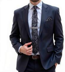 Conjunto de corbata de seda con estampado floral, incluye pinza de corbata, pañuelo y gemelos - Negro y gris - Ver 9