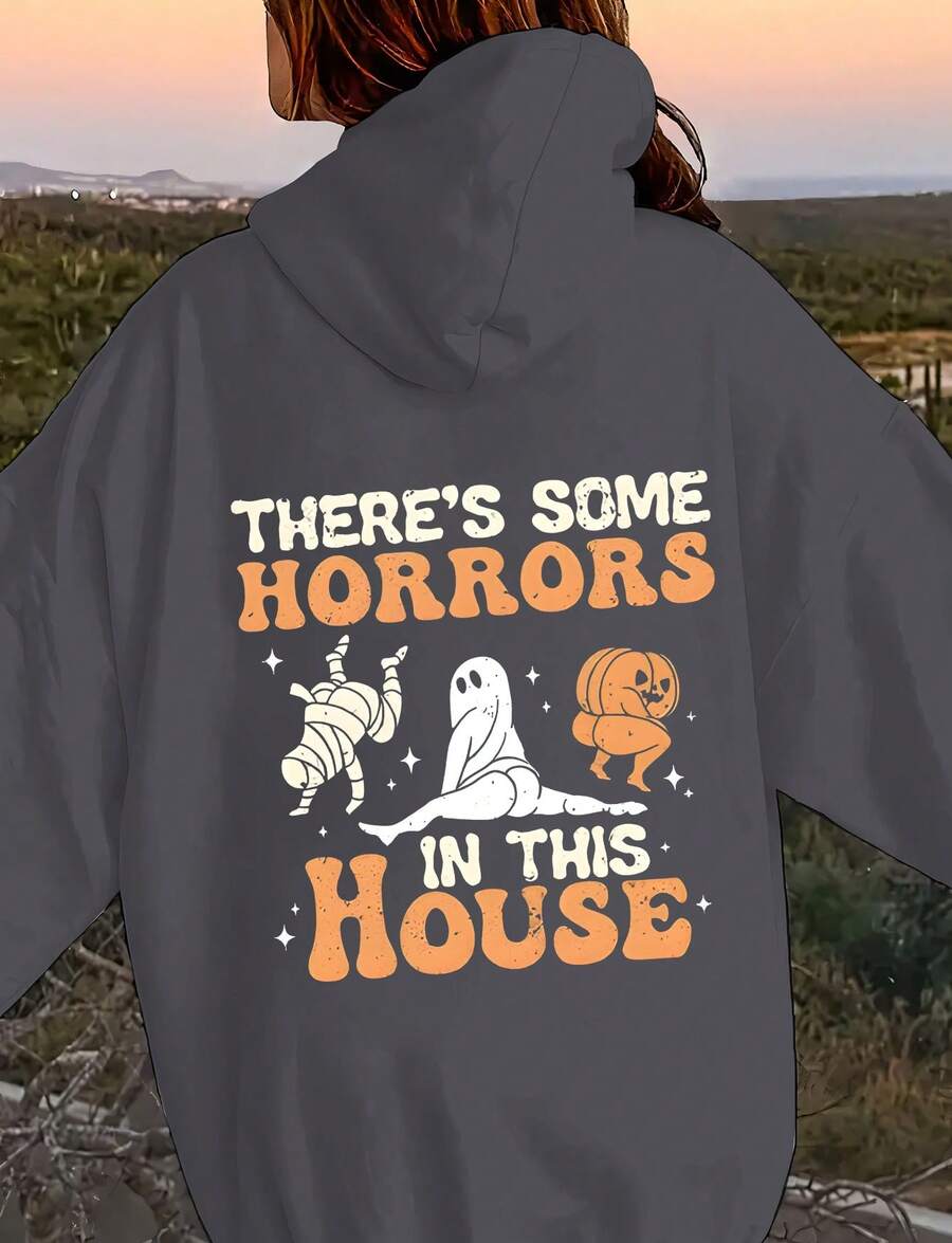 American Retro Street Casual Style Pattern "Beautiful Women's Blouse, Ace, Women's Pattern Shirt, Funny, Christmas Nightmare, Horror, THE'S SOME HORRORS IN THIS HOUSE, Halloween, Bandaged Zombies" One-Sided Printed Loose Women's Hoodie - 灰色 - 查看 1