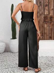 Traje Casual Mujer Dos Piezas,Set De 2 Piezas Camisola Y Pantalones Para Mujer,Conjunto De Vacaciones,Chaleco Elástico Y Pantalón Partido,Blusa Casual Femenina, Traje De Pantalones De Piernas Anchas - Negro - Ver 4