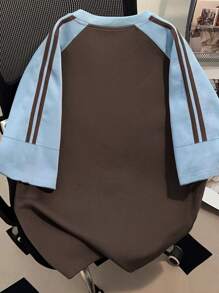 少女街头服饰数字图案 T 恤，拼色短袖 T 恤，适合学校/运动 - 棕色 - 查看 4