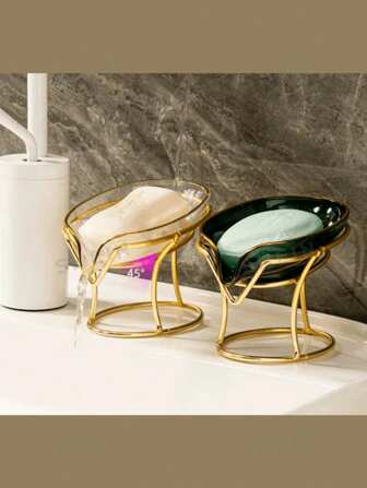 1pc Luxury Wrought Iron Oval Soap Dish, Decorative Bathroom Soap Tray With Golden Iron Frame, Creative Soap Dish, Fashionable Bathroom And Kitchen Sink Accessory, With Waterfall Drainage Hole To Keep Soap Dry And Tidy, Space-Saving Countertop Organizer And Rust-Resistant Surface, Suitable For Shower And Countertop Organization, Applicable For Bathroom, Kitchen Sink