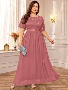 MIUSOL Plus Sequin Floral Lace Butterfly Sleeve Chiffon Pleated Hem Evening Party Long Dress - Bụi hồng - Xem 5