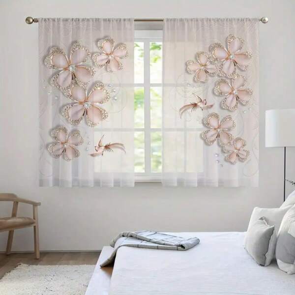 2 pièces Rideaux transparents floraux en pierres précieuses de luxe avec motifs d'oiseaux, rideaux courts semi-transparents en polyester pour cuisine et salle de bain, design avec sac pour tringle à rideaux, pour chambre à coucher et salon