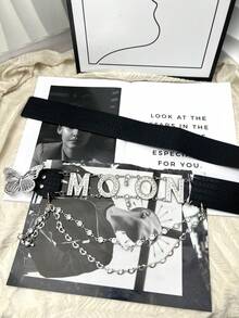 1pc Letter Retro PU Leather Crocodile Print Rhinestone Studded Moon/Light Buckle Decorative Belt, Y2K Abby Girl Streetwear Style, Versatile For Jeans, Skirts, Photography Prop Summer, School Fall, Autumn, Halloween - Multicolor - View 14