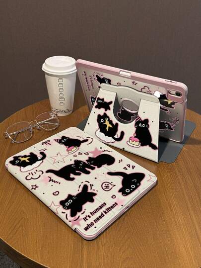 1pc, IPad 10/9/11th 2025 Cartoon Cat Pattern Double-Sided High-Definition Printed Butterfly Pattern Rotating Tablet Case, Transparent Acrylic Back Cover, Drop-Proof And Wear-Resistant, Automatic Wake/Sleep, Multi-Angle Support, Pen Slot, Essential For Office And Study, Non-Magnetic Protective Case