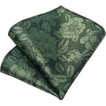 Silk Floral Necktie Set With Tie Clip, Handkerchief & Cufflinks - Olive Green - View 6