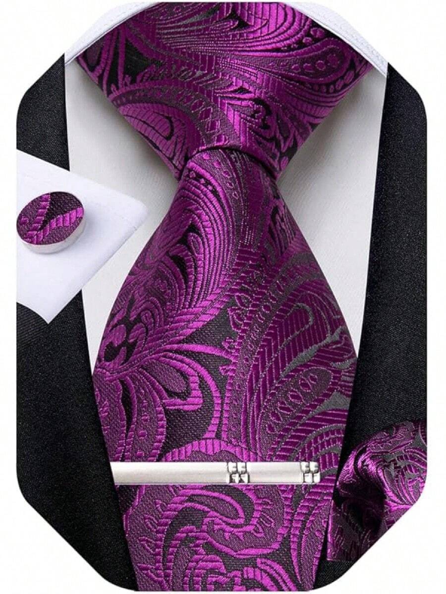 Silk Floral Necktie Set With Tie Clip, Handkerchief & Cufflinks - Magenta - View 1