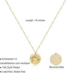 Zodiac Coin Embossed Choker Necklace Disc 12 Astrology Horoscope 14K Gold Plated Round Pendant Personalized Necklace Women Men - F 巨蟹座(6月21日至7月22日) - 查看 11