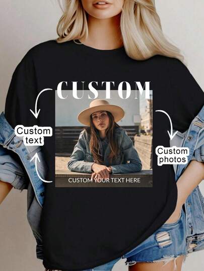 Custom Personalized Printed Loose Short Sleeve Plus Size Women's T-Shirt - Add Your Text And Photos (Pet/For Family/Friends/Party/Team/Boyfriend/Girlfriend/Workwear/Couple Outfit/Gift) Ideal Gift For Her, Family, Friends, Pink Girls, Festival, Vacation, Anniversary, Vacay Vibe