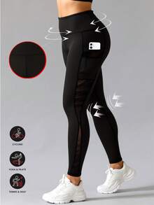 Plus Size Women Mesh Patchwork Yoga Fitness Pants, Mesh Patchwork Pocket Design, Suitable For Yoga, Fitness, Jogging - Black - View 3