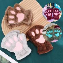 1 双可爱猫爪露指手套，加厚保暖，毛绒材质，适合女孩冬季日常佩戴，带绳，蓬松猫爪手套，温暖毛茸茸露指手套 - 可爱动物爪印半指手套，适合女性/女孩角色扮演，柔软人造毛皮保暖手套，万圣节圣诞节礼物（多种颜色） - 彩色 - 查看 5