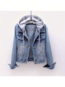 Women's Casual Denim Jacket, Long-Sleeved Hooded Denim Short Jacket, The Hood Can Be Removed, Suitable For Spring And Autumn And Any Occasion. - 藍色 - 查看 1