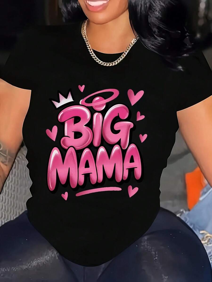 Graffiti Crown Women's Plus Size Casual Short Sleeve T-Shirt - BIG MAMA Graphic With Crown & Hearts, Geometric Print, Breathable Round Neck, Machine Washable, All-Season Comfort, Fashionable Grap - màu đen - Xem 1