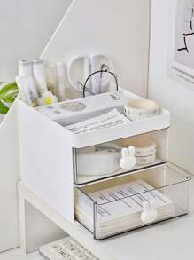 1 pièce Boîte de rangement de bureau au design de lapin blanc, organisateur de maquillage multicouche, porte-fournitures de bureau et de papeterie, pot à crayons pour dortoir étudiant, style tiroir, organisateur de bureau