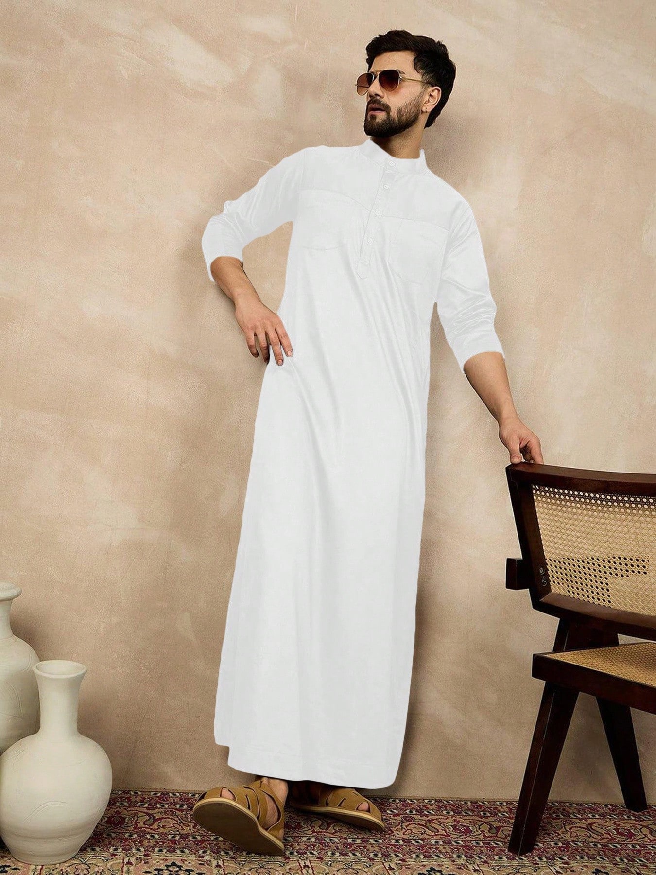 ثوب رجالي كاجوال أحادي اللون للارتداء اليومي، ذو ي...