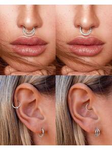 9 Pcs Hypoallergenic Septum Rings 16G Surgical Steel CZ Opal Clicker Hinged Nose Rings Hoop For Women Men Lip Conch Tragus Helix Daith Cartilage Earrings 8mm 10mm - Silver - View 6