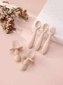 5PCS Personalized Customization Name Baby Silicone Utensils Mini Spoon Fork Food Accessories Solid Color Baby Tableware Print On Demand Baby's Cutlery - Multicolor - View 9