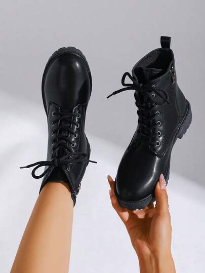 European & American Style Black Boots For Women, Round Toe Lace-Up Motorcycle Boots, Cool & Versatile Short Boots, Fashion & Combat Boots For Autumn/Winter