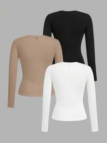 Paquete de 3 Playeras Termica de Mangas Largas de Mujer con Cuello Redondo de gran calidad - Negro Beige Blanco - Ver 2