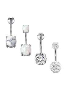 4pcs Rhinestone Rhinestone Curved Barbell Navel Piercing Rings, Stainless Steel Simple Design Belly Button Rings For Women - Golden Crossbar - View 9