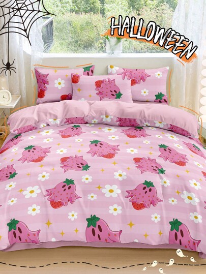 Juego de ropa de cama de 2/3 piezas para Halloween, juego de ropa de cama espeluznante, estampado de dibujos animados de fresa, acogedor, anti-bolas, antipolvo, 1 funda nórdica y 1/2 fundas de almohada, no incluye el edredón, se ajusta a las tallas individual, doble, queen, king, para uso en todas las estaciones, lavable a máquina, decoración de dormitorio, regalo perfecto para el Día de Brujas, decoración de otoño, decoración de la habitación