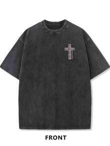 230g Washed Batik Vintage Short-Sleeved T-Shirt, Double-Sided Printed Flowers, Christianity, Men, Cross, God.