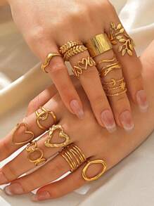 5/6pcs Stainless Steel 18K Gold Plated Minimalist Geometric Heart & Oval Line Open Rings, Suitable For Women Everyday Wear