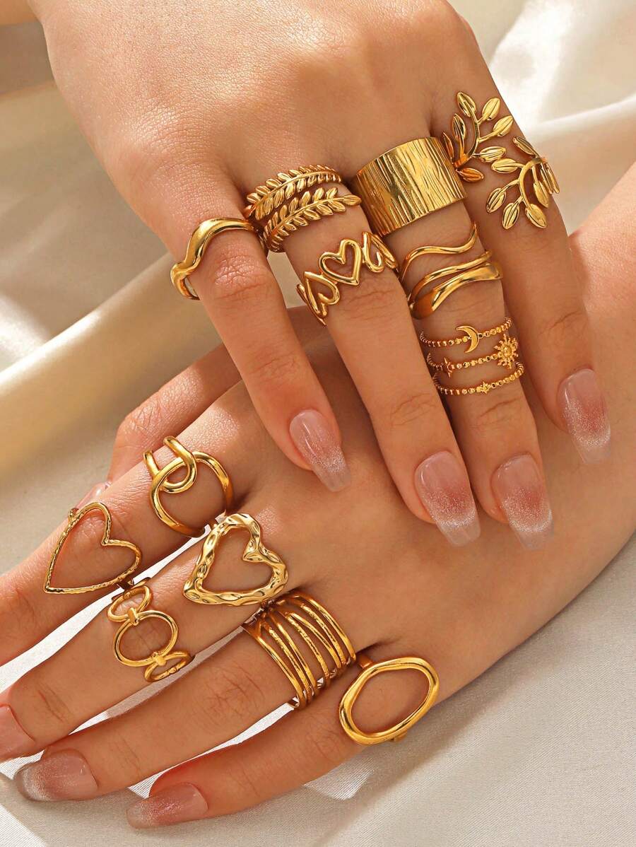 5/6pcs Stainless Steel 18K Gold Plated Minimalist Geometric Heart & Oval Line Open Rings, Suitable For Women Everyday Wear