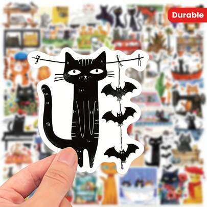 50-Pack Cartoon Art Cat Themed Decals, Durable PP Material, Decorative Graffiti Stickers For Laptop, Water Bottle, Luggage, Helmet, Motorcycle, Guitar - Ideal For Gifting And Rewards