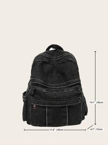 女士复古星形贴片装饰渐变牛仔布背包，Y2K 风格大容量户外旅行背包，轻便商务通勤工作笔记本电脑背包，适合高中生和大学生的校园返校书包 - 黑色 - 查看 5