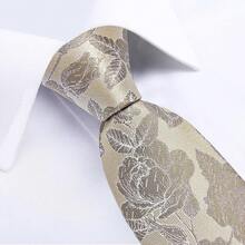 Conjunto de corbata de seda con estampado floral, incluye pinza de corbata, pañuelo y gemelos - Champán - Ver 8